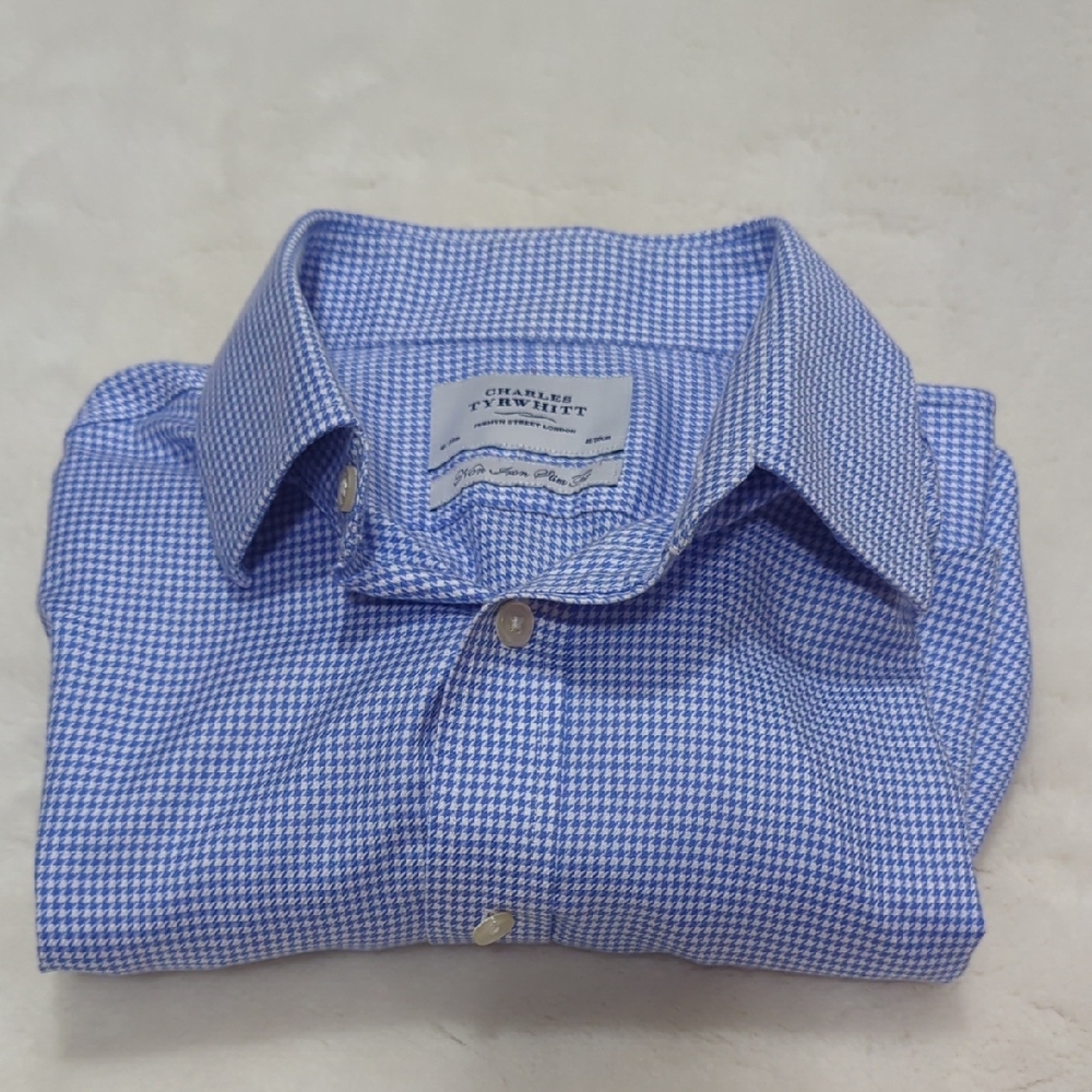 Charles Tyrwhitt Blue and White Houndstooth Shirt - French Cuff